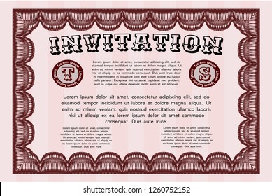 Red Formal invitation template. With linear background. Vector illustration. Artistry design. 