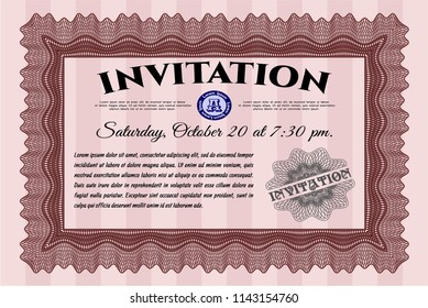Red Formal invitation template. Money style design. Customizable, Easy to edit and change colors. With guilloche pattern. 
