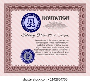 Red Formal invitation template. Nice design. With guilloche pattern and background. Vector illustration. 