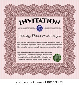 Red Formal invitation template. Vector illustration. With guilloche pattern. Money style design. 