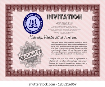 Red Formal invitation template. Vector illustration. With guilloche pattern. Money style design. 