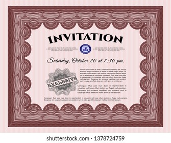 Red Formal invitation template. Vector illustration. With guilloche pattern. Perfect design. 