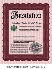 Red Formal invitation template. Vector illustration. With guilloche pattern. Money style design. 