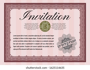 Red Formal invitation. Vector illustration. Easy to print. Money style design. 