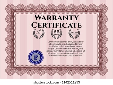 Red Formal Warranty Certificate template. With guilloche pattern and background. Modern design. Vector illustration. 