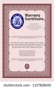 Red Formal Warranty Certificate template. Nice design. With complex linear background. Vector illustration. 