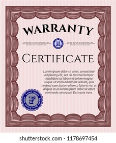 Red Formal Warranty Certificate template. Excellent design. With great quality guilloche pattern. Detailed. 