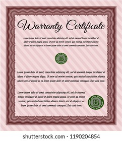 Red Formal Warranty Certificate template. Superior design. Vector illustration. Printer friendly. 