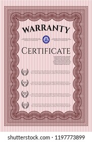 Red Formal Warranty Certificate template. With guilloche pattern and background. Perfect design. Vector illustration. 