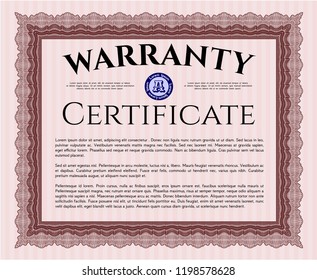 Red Formal Warranty Certificate template. With guilloche pattern. Vector illustration. Modern design. 