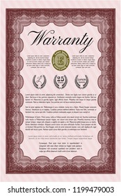 Red Formal Warranty Certificate template. With background. Beauty design. Detailed. 