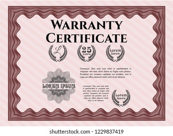 Red Formal Warranty Certificate template. With complex background. Customizable, Easy to edit and change colors. Lovely design. 