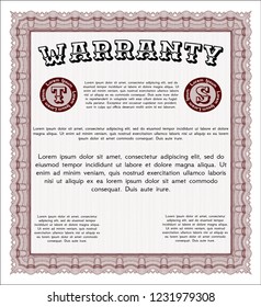 Red Formal Warranty Certificate template. With linear background. Money style design. Detailed. 
