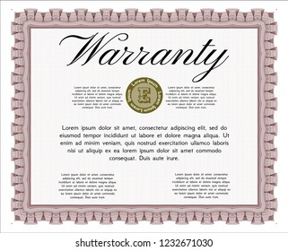 Red Formal Warranty Certificate template. Money Pattern design. Detailed. With complex background. 