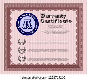 Red Formal Warranty Certificate template. With guilloche pattern and background. Excellent design. Vector illustration. 