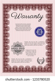 Red Formal Warranty Certificate template. Detailed. Complex background. Artistry design. 