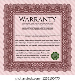 Red Formal Warranty Certificate template. With complex linear background. Customizable, Easy to edit and change colors. Excellent design. 