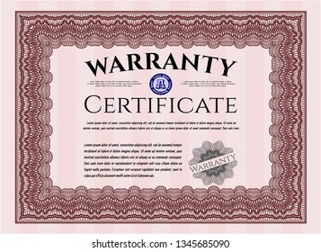 Red Formal Warranty Certificate template. Vector illustration. Complex background. Cordial design. 