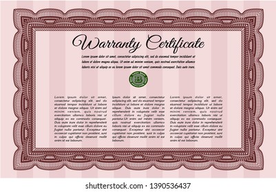 Red Formal Warranty Certificate template. Detailed. With great quality guilloche pattern. Money Pattern. 