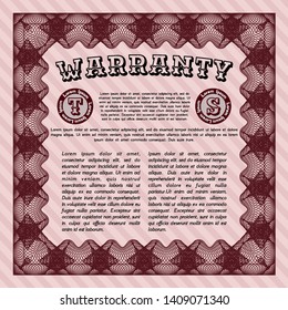 Red Formal Warranty Certificate template. Cordial design. Detailed. With complex linear background. 