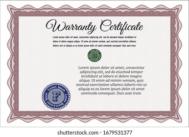 Red Formal Warranty Certificate template. Nice design. With quality background. Detailed. 
