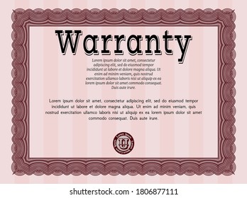 Red Formal Warranty Certificate template. Retro design.  With guilloche pattern.  Detailed. 