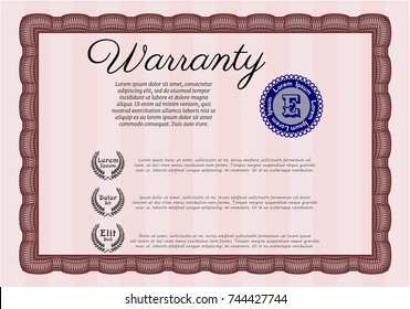 Red Formal Warranty Certificate template. With complex background. Sophisticated design. Detailed. 