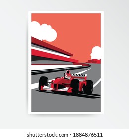 Red formula car. F1 landscape. Speed racing tournament. Vector Illustration. Poster design. 