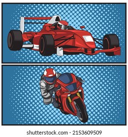 Red formula car and Motorcycle racer sport. Vector Illustration