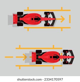 Red formula car on pit stop. F1 landscape. Speed racing tournament. Formula One championship. Motorsport concept. Vector Illustration isolated on background. Poster design