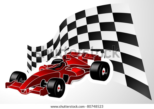 Red formula one car with\
flag