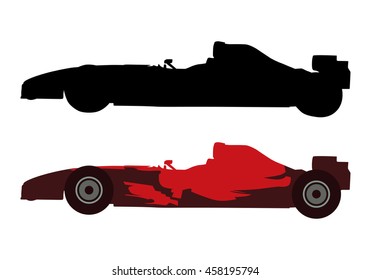 Red formula racing car, vector silhouette and illustration, side view