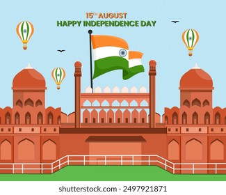  red fort background with flying air balloon for 15 august happy independence day of India.