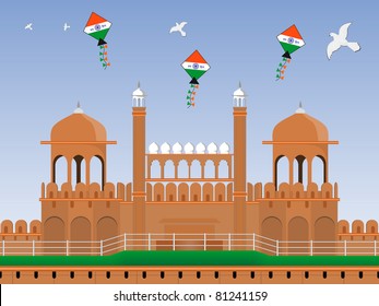 red fort background with flying kite, pigeon