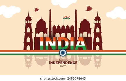 Red fort background with flying pigeon. India Independence Day 15 August Celebration Card