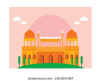 The red fort castle building, a landmark in Delhi India with green trees and a beautiful sky. Character design. Vector flat illustration