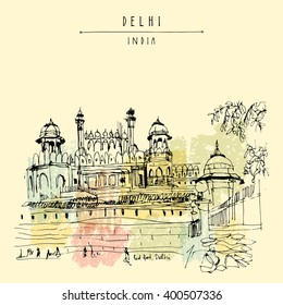 Red Fort in Delhi, India. Vintage hand drawn postcard template. Vector illustration