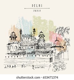 Red Fort in Delhi, India. Vintage hand drawn postcard template. Vector illustration