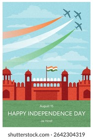 Forte Vermelho com Bandeira Indiana e Três Jatos de Caça Desenhando Saffron Trilhas Verdes Brancas no Céu. Celebração de 15 de agosto. Ilustração de vetor plano para cartão, pôster, banner, web design.