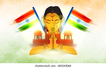 Red Fort with Indian National Flags and illustration of beautiful woman in traditional greeting pose, Creative Incredible India background.