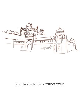 Red Fort or Lal Qila Old Delhi India vector sketch city illustration line art sketch simple