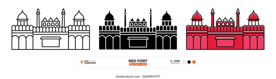 Red Fort Line Icon. New Delhi, India, Landmark, Silhouette, Color Vector, Editable Stroke.
