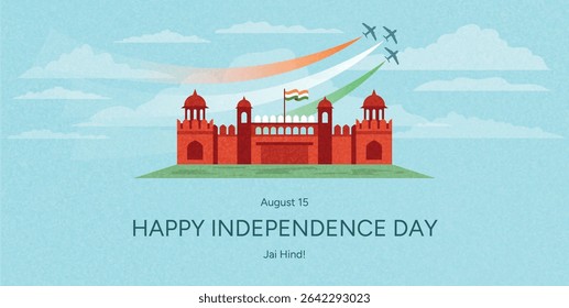 Monumento ao Forte Vermelho com Bandeira Indiana e Jatos de Caça emitindo Trilhas Verdes Brancas de Açafrão. Tricolor Sky. Celebração do Dia da Independência. Ilustração de vetor plano para cartaz, cartão, banner, Web.