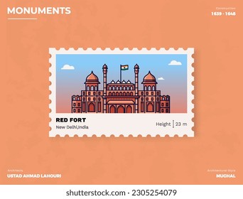 Red Fort Monument Postage stamp ticket design with information-vector illustration design