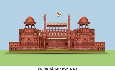 Red Fort in New Dehli, India. stylish historic sight showplace attraction  vector illustration.World Heritage Site.