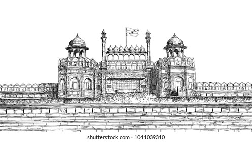 Red Fort, New Delhi, India - Detailed Vector Sketch Illustration