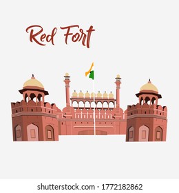 Red Fort Vector Illustration, Highly Detailed, Cartoon Style, Indian Monument with Indian Flag