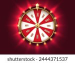 Red fortune wheel at backlight color realistic vector illustration. Gambling game chances. Casino roulette 3d object on rouge background