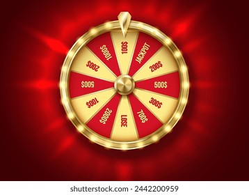 Red fortune wheel at backlight color realistic vector illustration. Gambling game chances. Casino roulette 3d object on rouge background