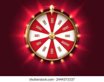 Rueda de la fortuna roja en la Ilustración vectorial realista del color de contraluz. Posibilidades de juego. Objeto 3d de la ruleta del casino en el fondo rojo